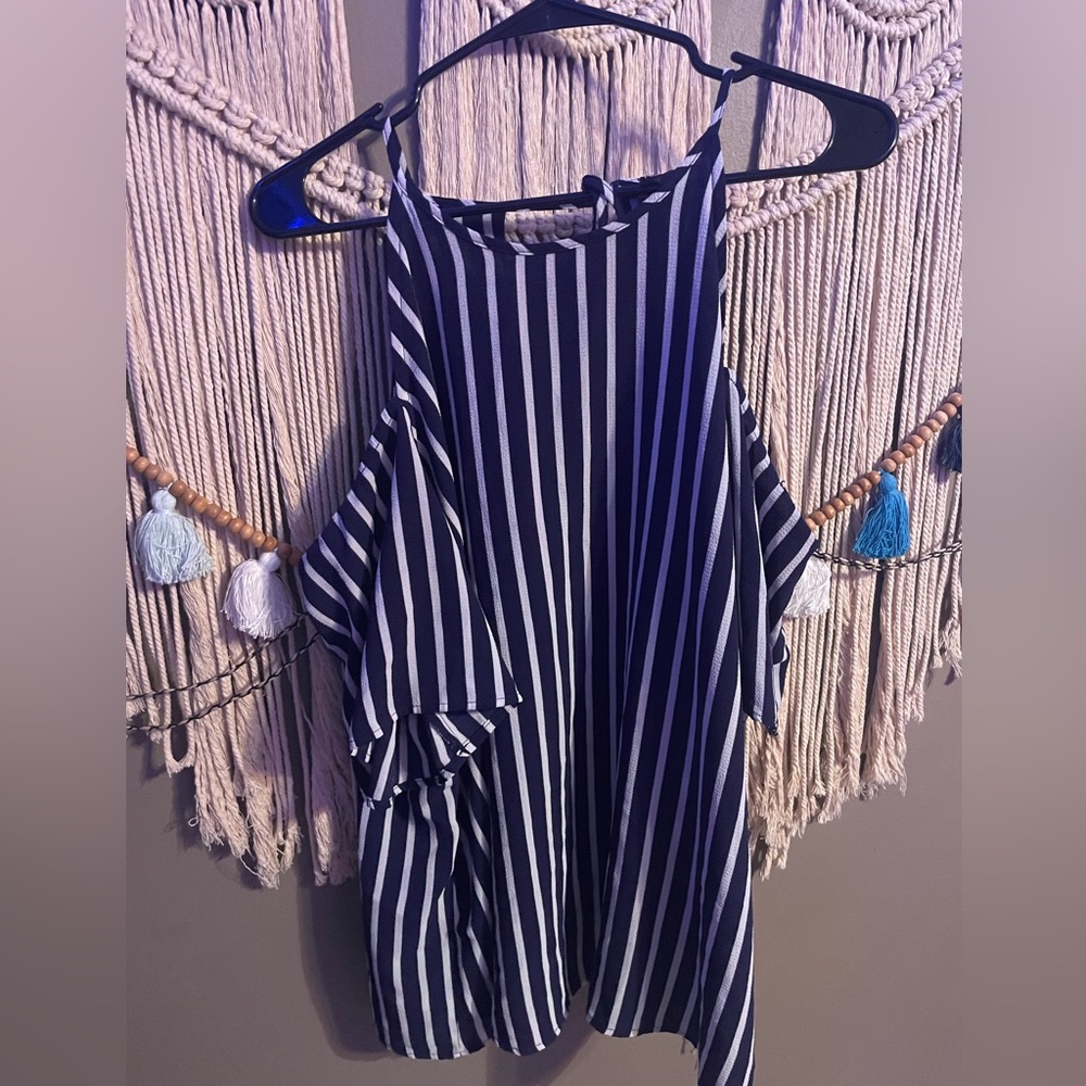 Plus size vertical stripe cut out shoulder blouse